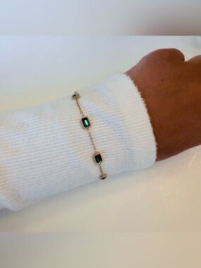 Gold Plated Stainless Steel Emerald Rectangle Charm Bracelet